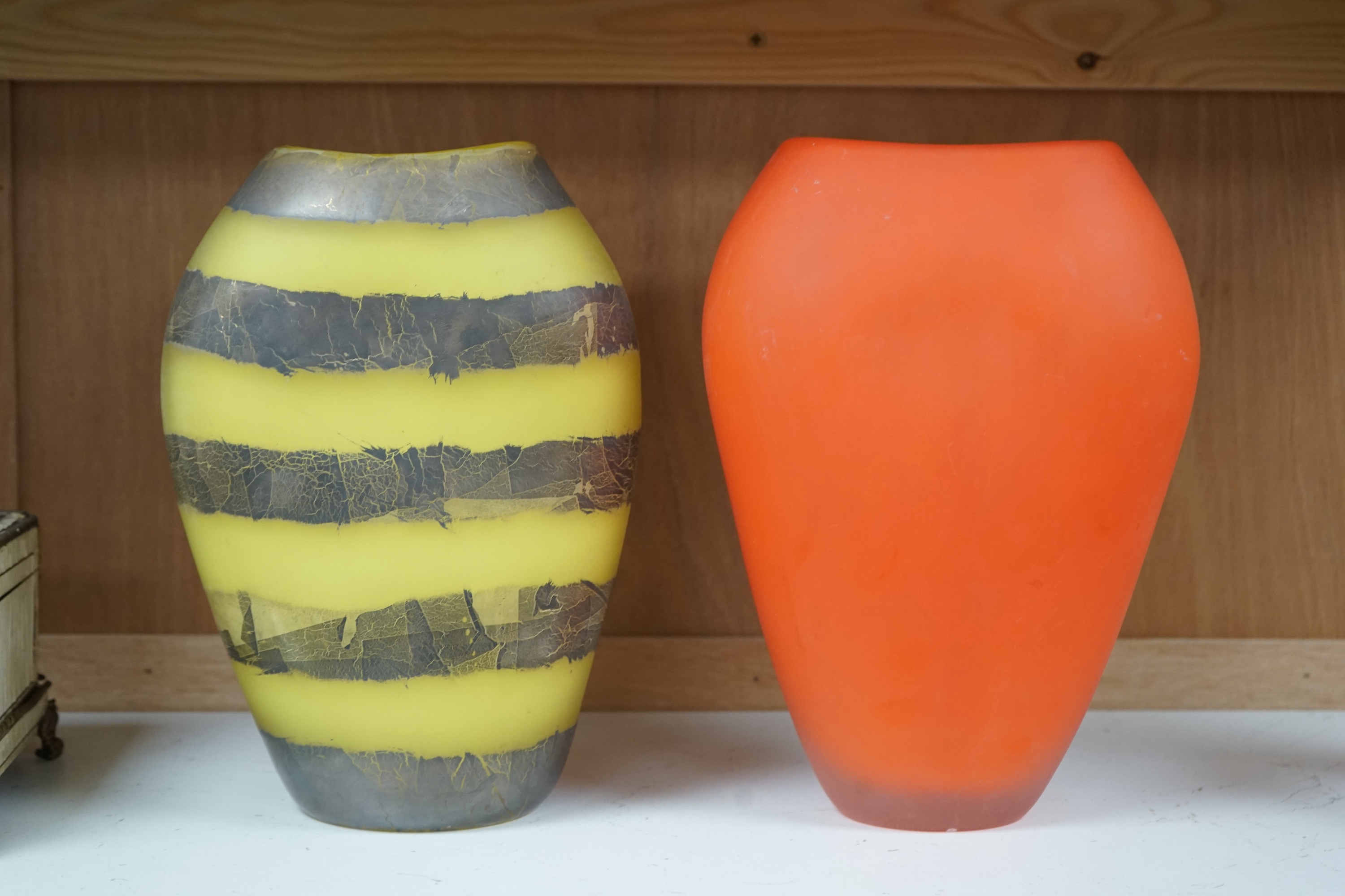 Two art glass vases: one yellow, one orange, 26cm high., Condition - good may need cleaning